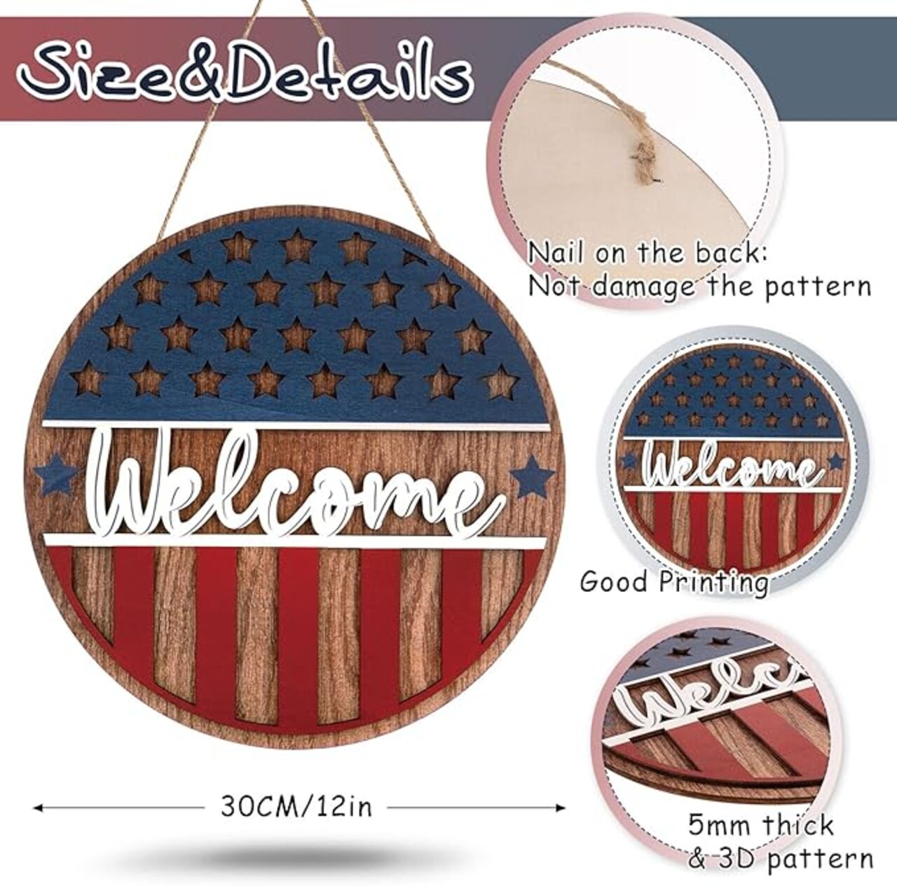 Patriotic 3D Wooden Welcome Sign, Stars and Stripes Hanging Door Wall Decoration for 4th of July, Independence Day, Memorial Day, Wreaths & Home Décor